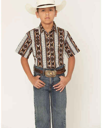 Wrangler Boys' Checotah Southwestern Striped Short Sleeve Pearl Snap Western Shirt