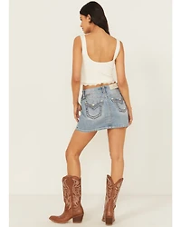 Miss Me Women's Light Wash Mid Rise Embroidered Denim Stretch Mini Skirt