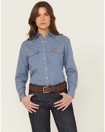 Wrangler Women's FR Blue Snap Long Sleeve Work Shirt