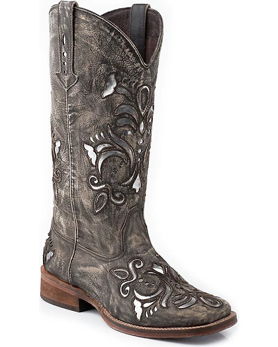 Roper Women's Fancy Silver Inlay Western Boots - Square Toe
