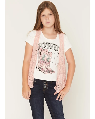 Self Esteem Girls' Howdy Cowboy Boot Embellished Short Sleeve Graphic Tee and Vest