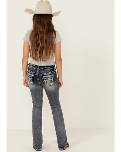 Grace LA Girls' Medium Wash Embroidered Pocket Bootcut Stretch Denim Jeans