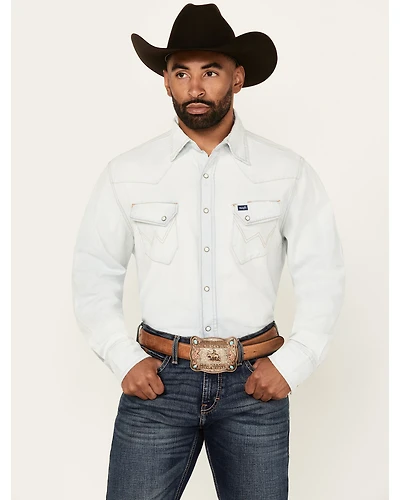 Wrangler Men's Light Wash Vintage Solid Long Sleeve Snap Western Shirt