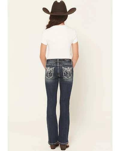 Grace LA Girls' Dark Wash Floral Pocket Bootcut Stretch Denim Jeans