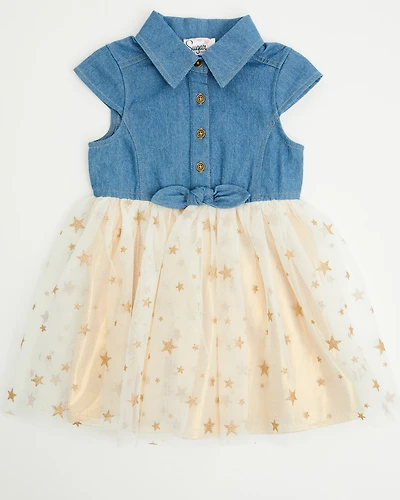 Sugar California Toddler Girls' Denim and Tulle Gold Star Dress