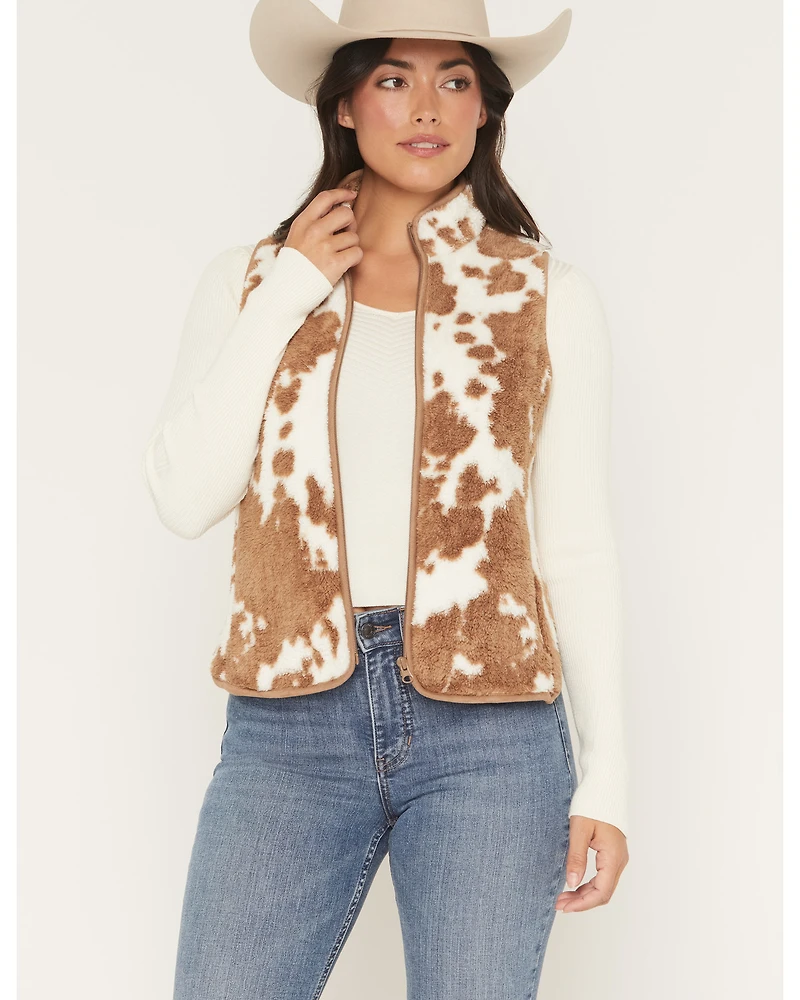 Shyanne Women's Jean Cow Print Sherpa Zip-Up Vest