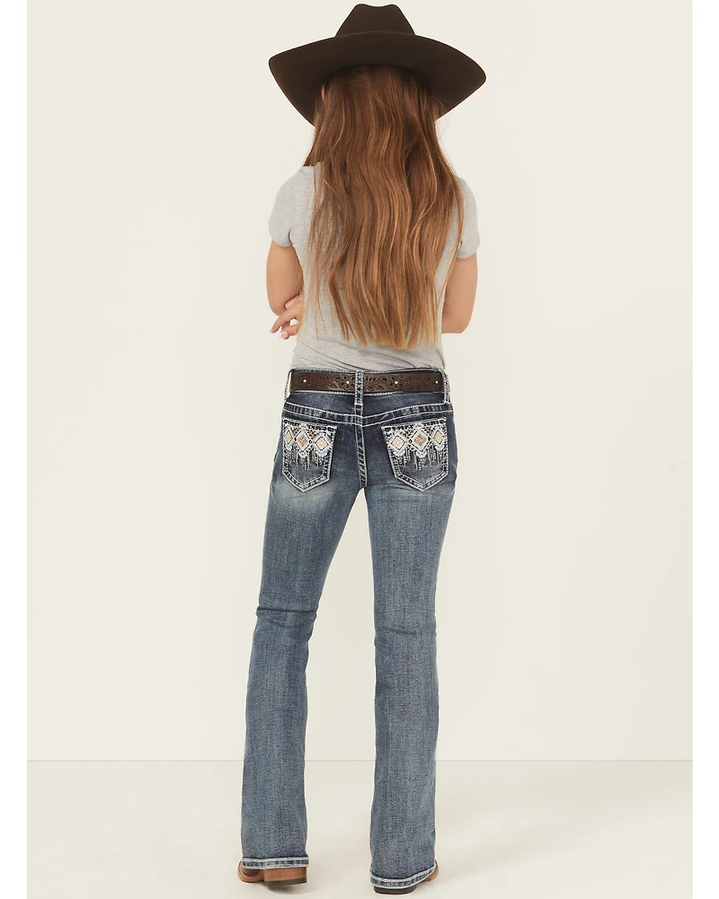 Grace LA Girls' Medium Wash Geo Diamond Pocket Bootcut Stretch Denim Jeans