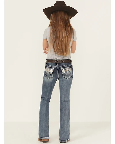 Grace LA Girls' Medium Wash Geo Diamond Pocket Bootcut Stretch Denim Jeans