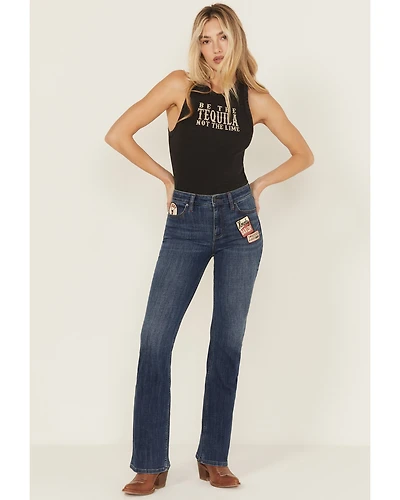 Idyllwind Women's Ellwood Dark Wash High Rise Patch Bootcut Super Stretch Denim Jeans