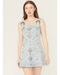 Blue B Women's Light Wash Embellished Buckle Strap Denim Mini Dress