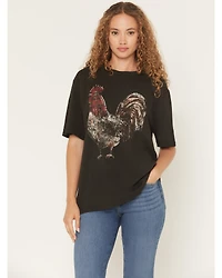 Originality Women's Rooster Short Sleeve Oversized Graphic Tee