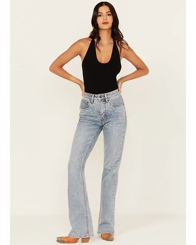 Rock & Roll Denim Women's Light Wash High Rise Rhinestone Studded Bootcut Stretch Jeans