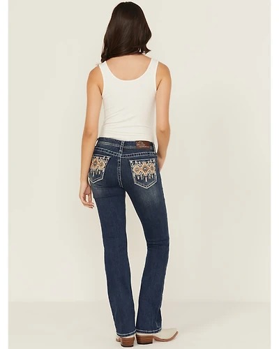 Grace LA Women's Medium Wash Diamond Embroidered Mid Rise Bootcut Stretch Denim Jeans