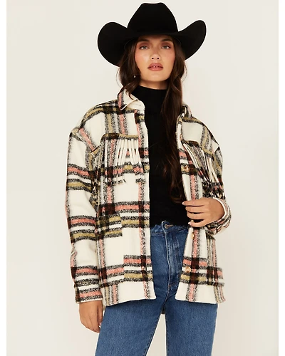 Rock & Roll Denim Women's Plaid Print Fringe Shacket