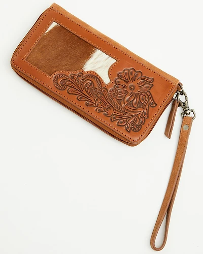 Shyanne Women's Hair On Hide Tooled Leather Wristlet Wallet