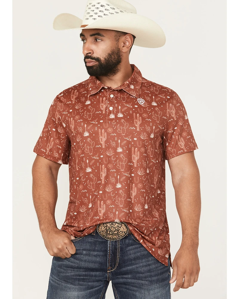 Rock & Roll Denim Men's Cactus Print Short Sleeve Button-Down Polo