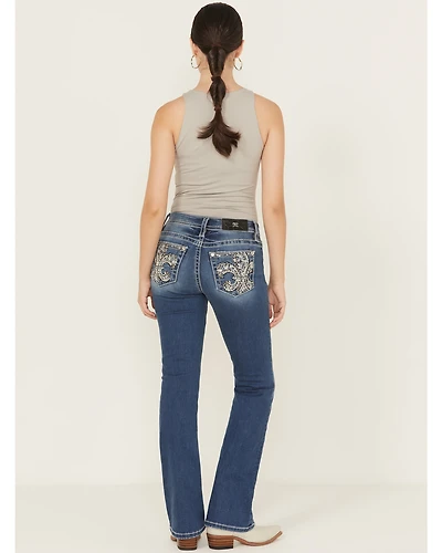 Miss Me Women's Medium Wash Mid Rise Fleur de Lis Pocket 32" Bootcut Stretch Denim Jeans