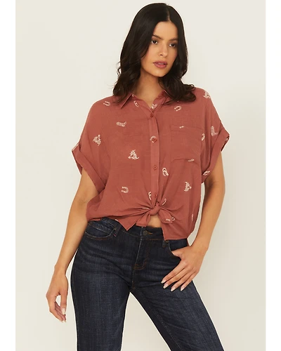 June & Hudson Women's Western Embroidered Short Sleeve Tie-Front Top
