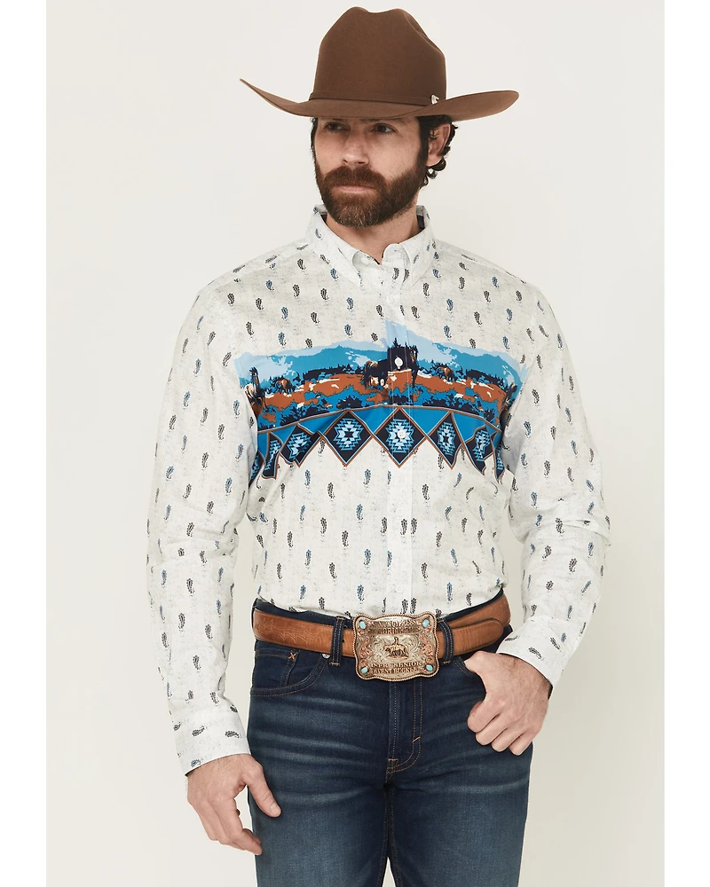 RANK 45® Men's Gavin Border Print Long Sleeve Button-Down Stretch Western Shirt