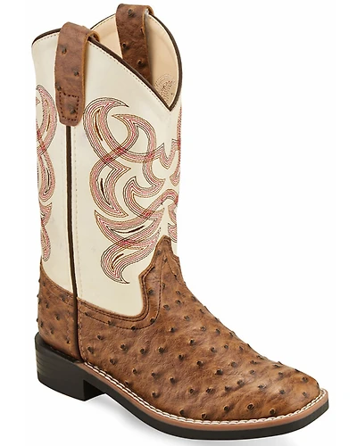 Old West Boys' Ostrich Print Western Boots - Broad Square Toe