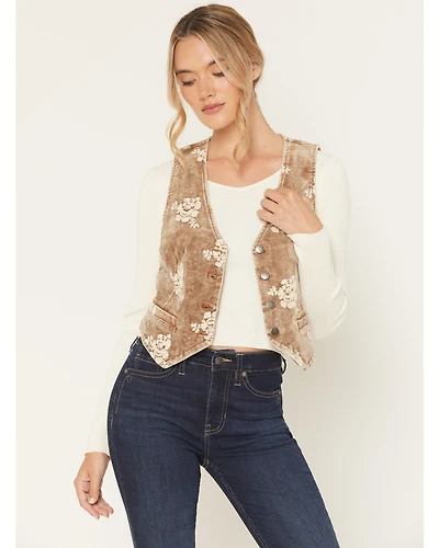 Mystree Women's Corduroy Floral Embroidered Vest