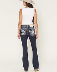 Miss Me Women's Dark Wash Mid Rise Faux Flap Pocket 34" Bootcut Stretch Denim Jeans