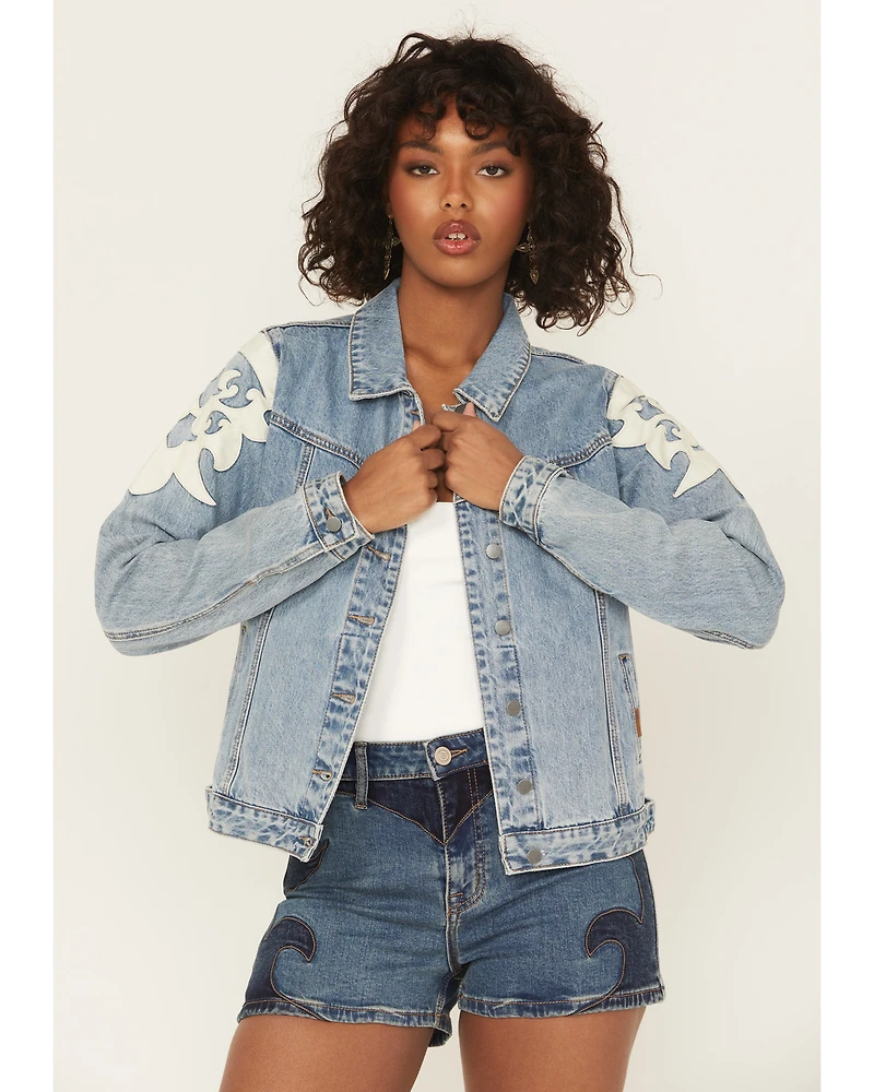 Rock & Roll Denim Women's Light Wash Pleather Fringe Jacket