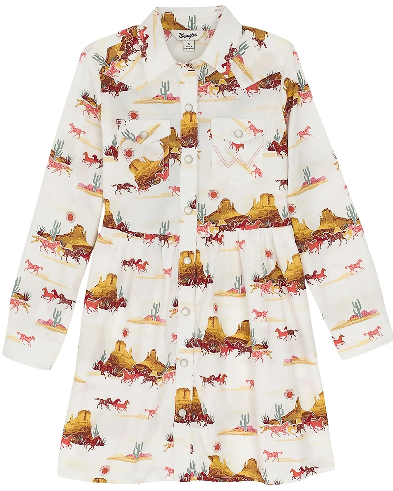 Wrangler Girls' Desert Print Long Sleeve Pearl Snap Dress