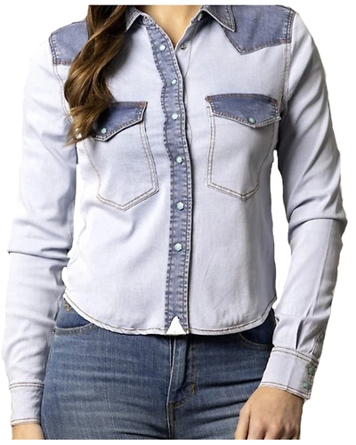 Kimes Ranch Women's Rayna Two-Toned Long Sleeve Cropped Snap Denim Western Shirt