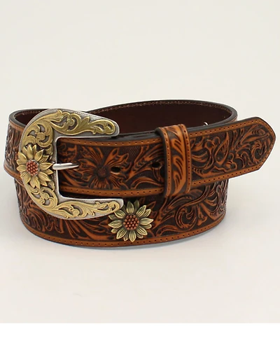 M & F Western Women's Tan Floral Tooled Sunflower Concho Belt