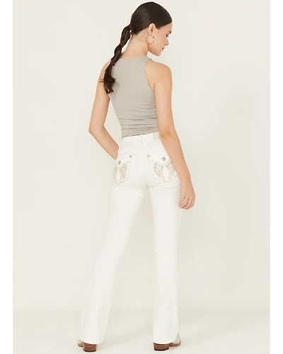 Miss Me Women's Mid Rise Wing Pocket 32" Bootcut Stretch Denim Jeans