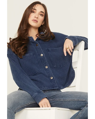 White Crow Women's Denim Knit Long Sleeve Button-Down Cropped Shacket