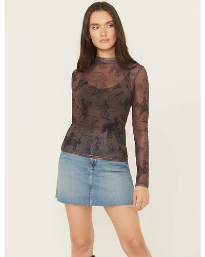 Blue B Women's Cowboy Conversation Print Long Sleeve Mesh Shirt