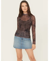 Blue B Women's Cowboy Conversation Print Long Sleeve Mesh Shirt