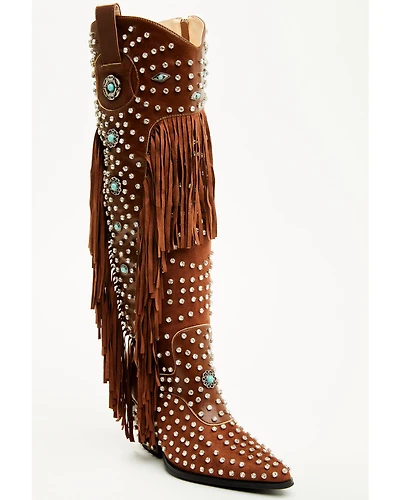 Azalea Wang Women's Bennett Embellished Fringe Tall Fashion Boots - Snip Toe