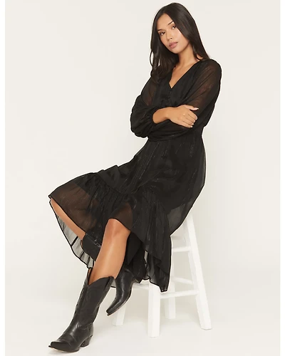 Shyanne Women's Josephine Faux Button-Down Long Sleeve Lurex Midi Dress