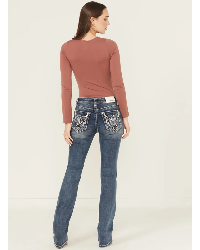 Grace LA Women's Medium Wash Mid Rise Embroidered Bootcut Stretch Denim Jeans