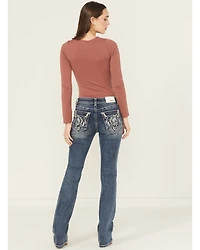 Grace LA Women's Medium Wash Mid Rise Embroidered Bootcut Stretch Denim Jeans