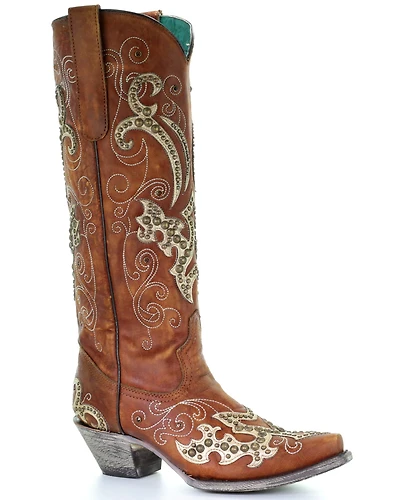 Corral Women's Brown Studded Overlay Western Boots - Snip Toe