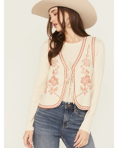 Easel Women's Floral Embroidered Tie-Front Vest
