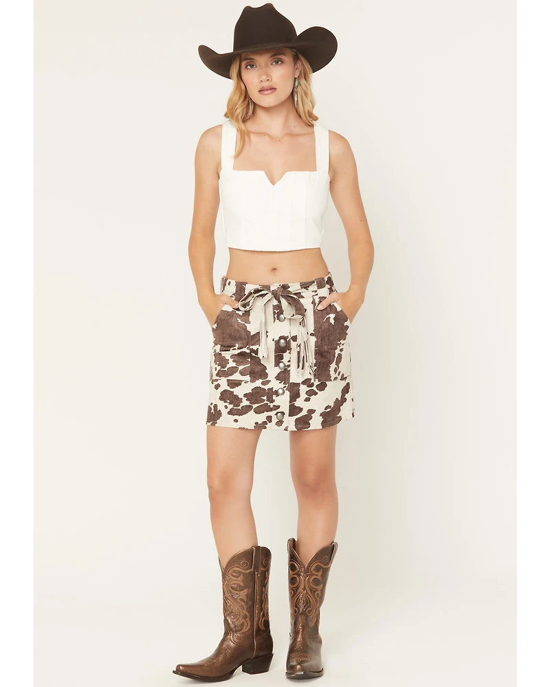 Shyanne Women's Sylvia Cow Print Faux Suede Belted Mini Skirt