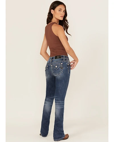 Miss Me Women's Medium Wash Mid Rise 34" Bootcut Stretch Denim Jeans