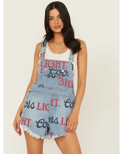 The Laundry Room Women's Medium Wash Coors Light Logo Print Denim Shortalls