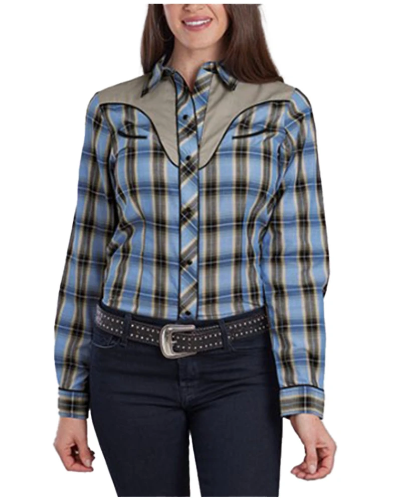 Roper Women's Plaid Print Embroidered Long Sleeve Snap Stretch Western Shirt