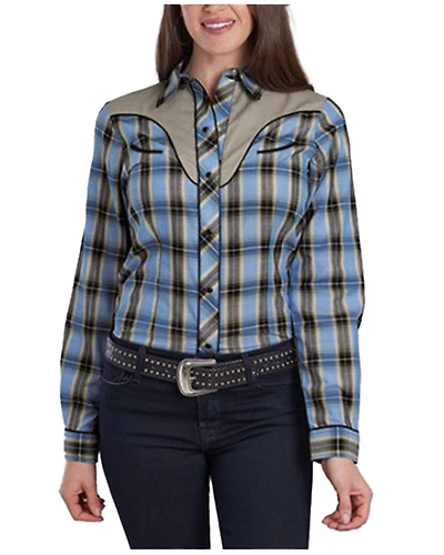 Roper Women's Plaid Print Embroidered Long Sleeve Snap Stretch Western Shirt
