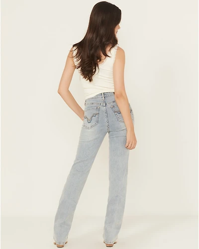 Rock & Roll Denim Women's Light Wash Mid Rise Two Toned Modest Bootcut Stretch Jeans