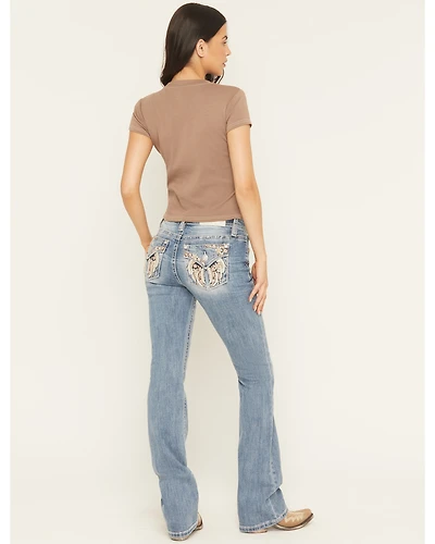 Miss Me Women's Light Wash Floral Wing Pocket 32" Bootcut Stretch Denim Jeans