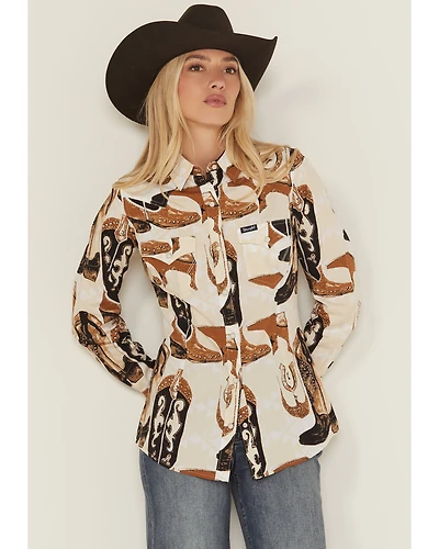 Wrangler Retro Women's Boot Print Long Sleeve Snap Western Shirt