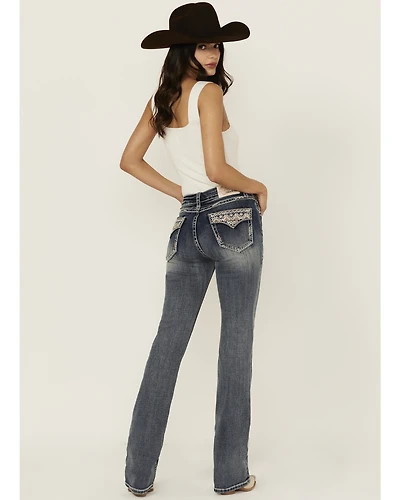 Grace LA Women's Medium Wash Mid Rise Geo Pocket Bootcut Stretch Denim Jeans