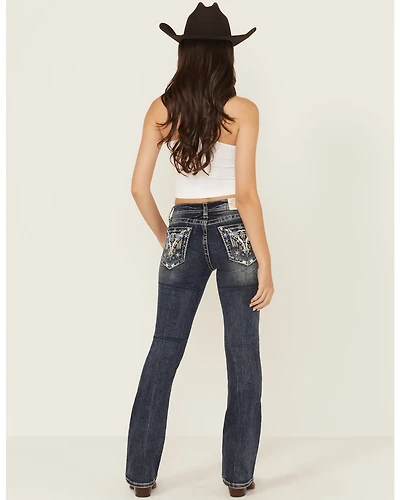 Grace LA Women's Medium Wash Steerhead Embroidered Bootcut Stretch Denim Jeans